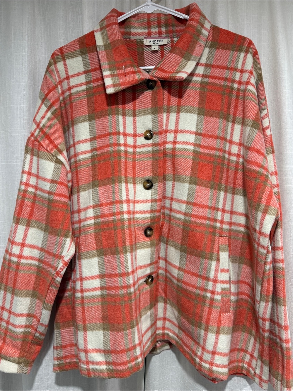 Andrée Plaid Button-Up Jacket in Coral & Cream